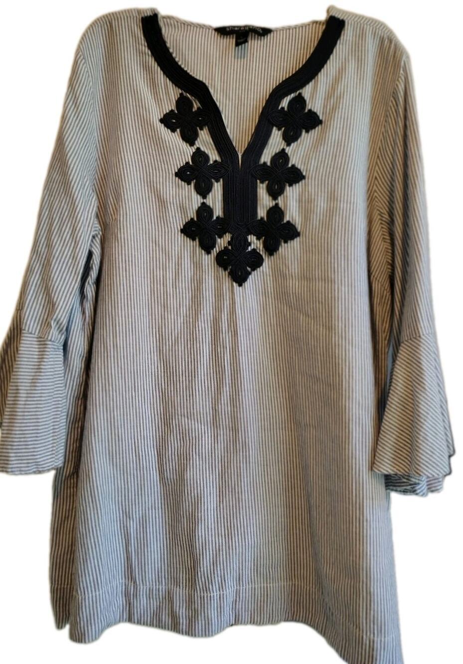 Sharagano Cotton Striped Tunic Top L Blue White Soutache Embroidered Bell Sleeve
